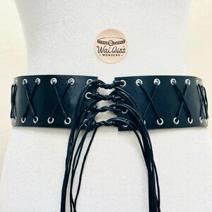 Y2K 2000s style Black leather lace-up corset belt with silver hardware